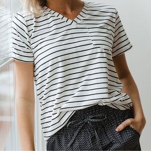 Albion Basic V-Neck Tee Black Venice Stripe; Sz Large